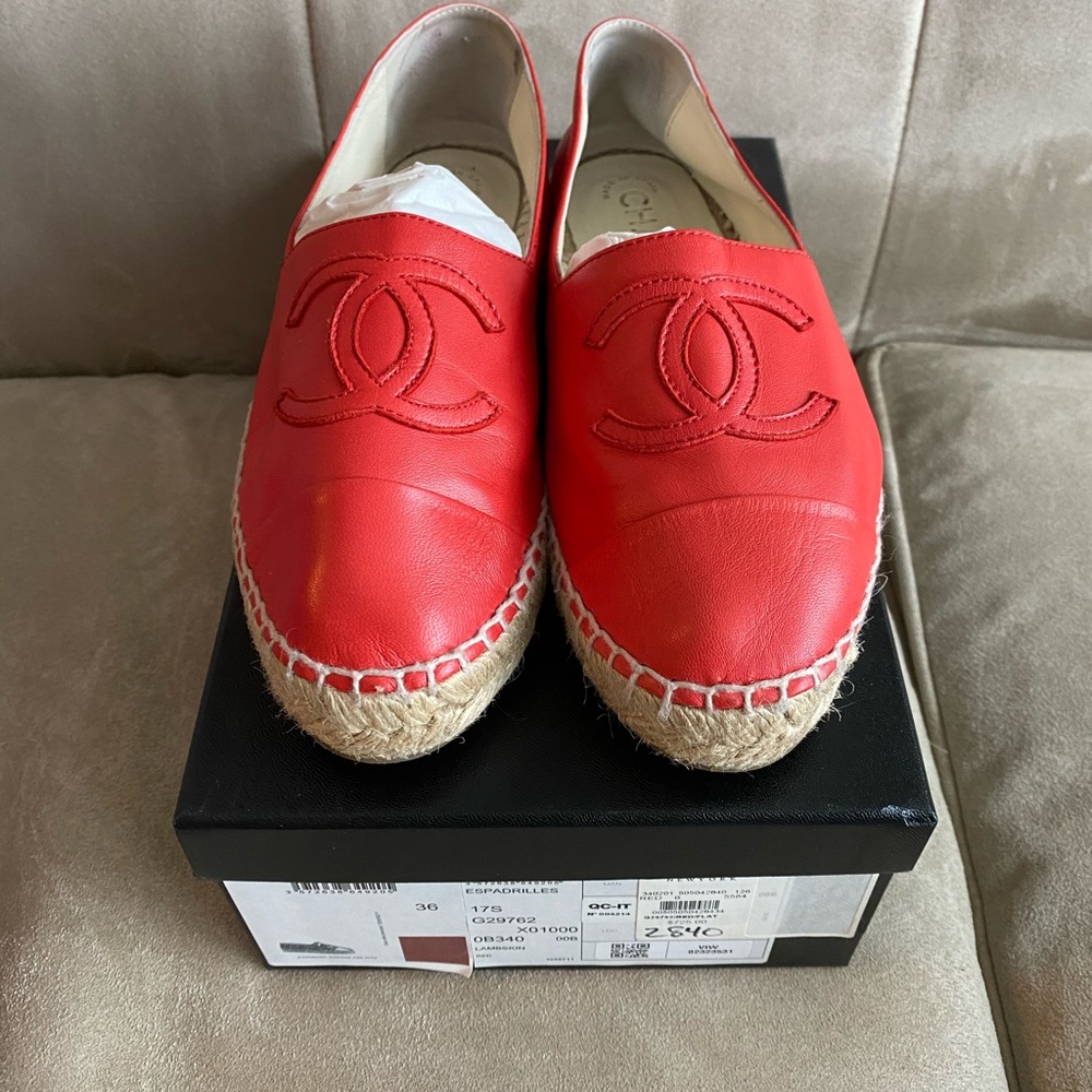 CHANEL Red Leather Espadrilles